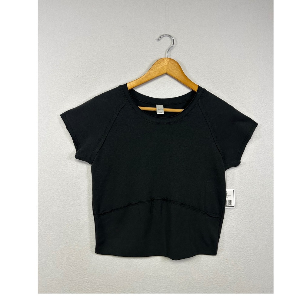 Athleisure 5B Style NWT Womens Large Black Raw Edge Seam Raglan Cropped Gym Tee